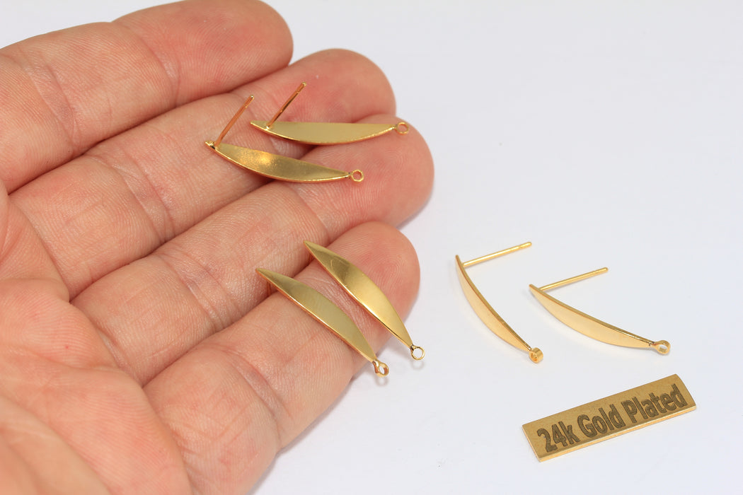 4x24mm 24k Shiny Gold Leaf Earrings, Drop Stud Earrings, BRT856