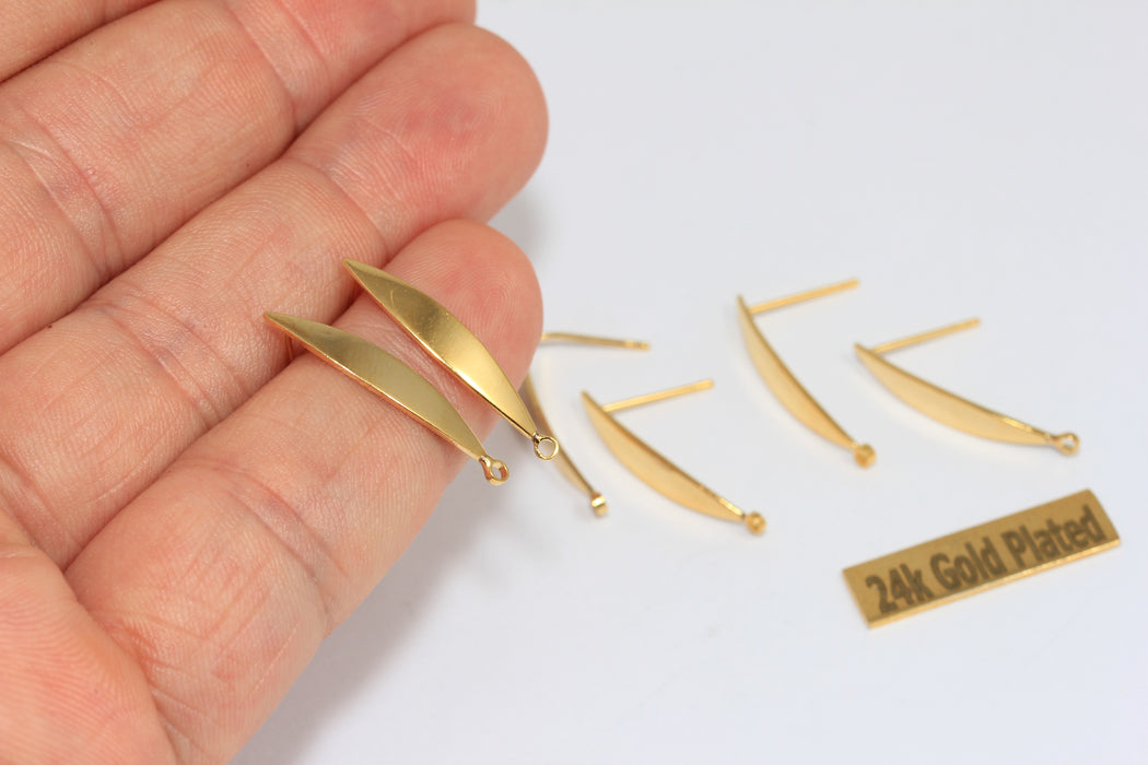 4x24mm 24k Shiny Gold Leaf Earrings, Drop Stud Earrings, BRT856