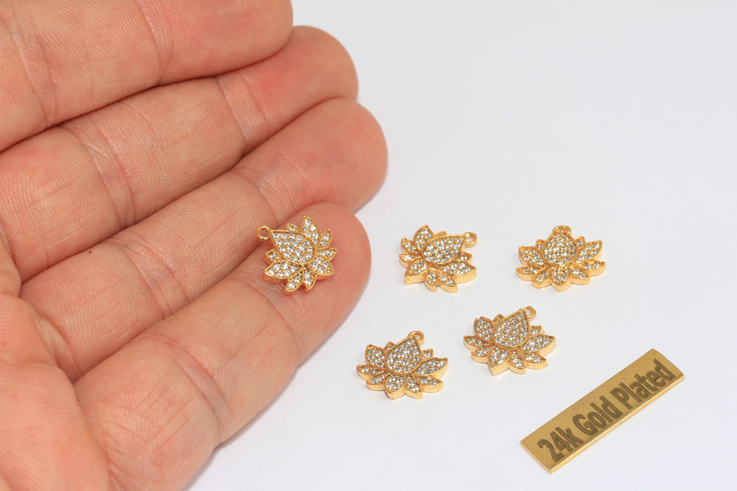 13x13 mm 24 Ayar Parlak Altın Mikro Döşeme Lotus Tılsımı, Kübik Zirkonya Mini Lotus Boncukları, BRT836