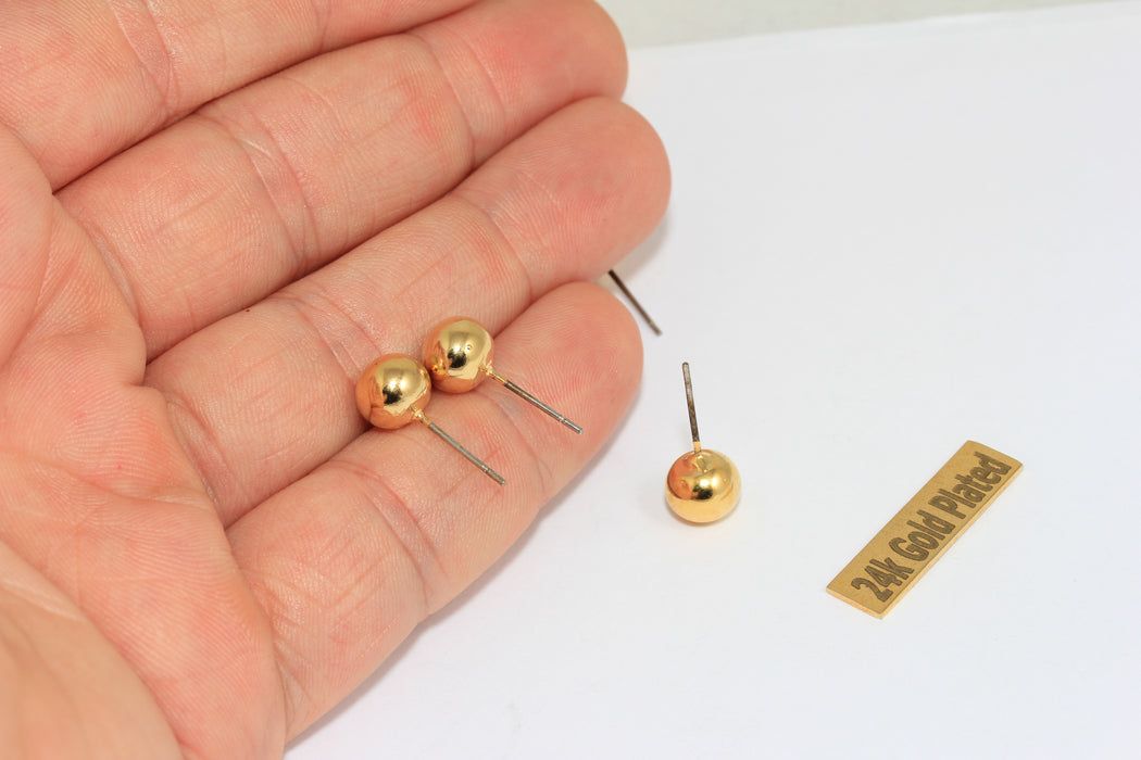 Perni per orecchini a sfera in oro lucido 24k da 8 mm, perni per orecchini in oro, orecchini a sfera, CMR88