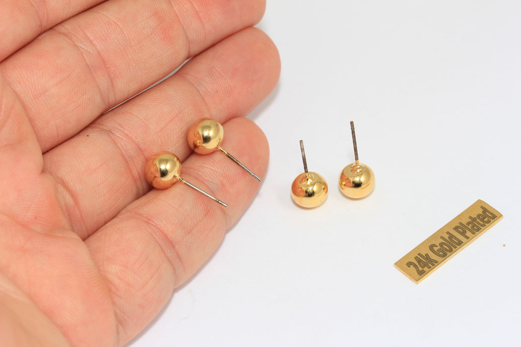 Perni per orecchini a sfera in oro lucido 24k da 8 mm, perni per orecchini in oro, orecchini a sfera, CMR88