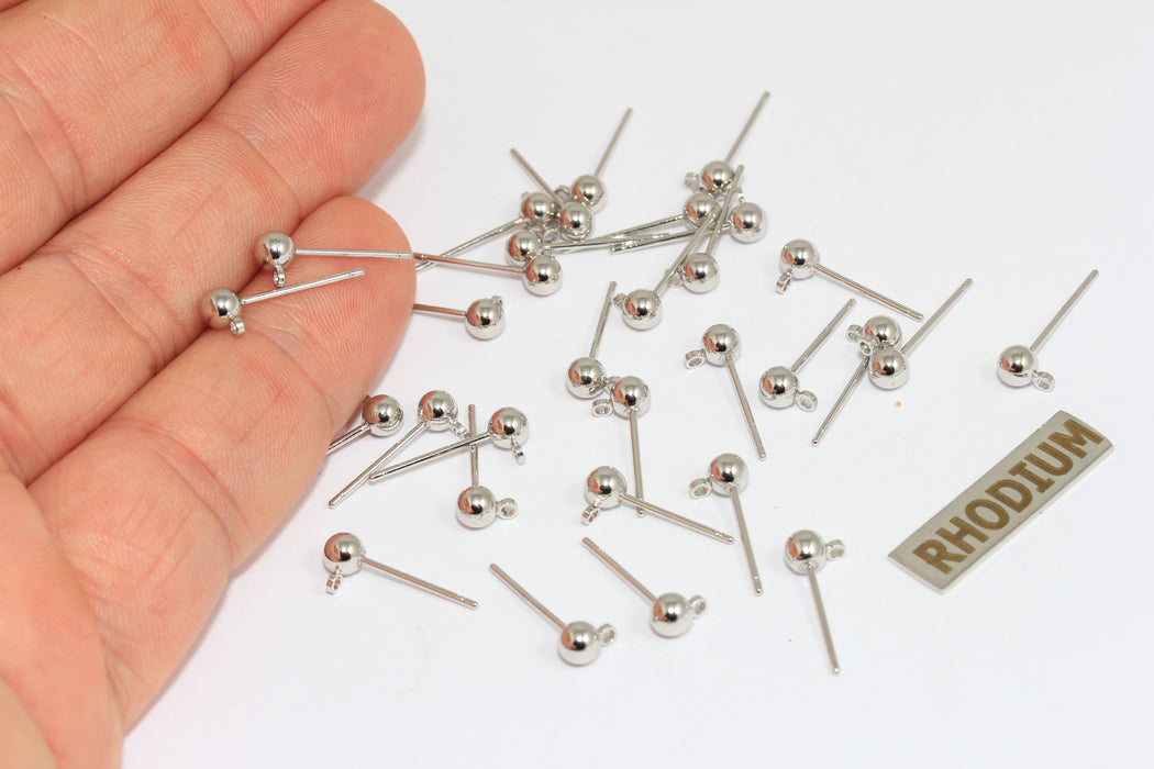 4x15mm Rhodium Plated Ball Ear Posts, Earring Post With, Stud Earrings, CMR85