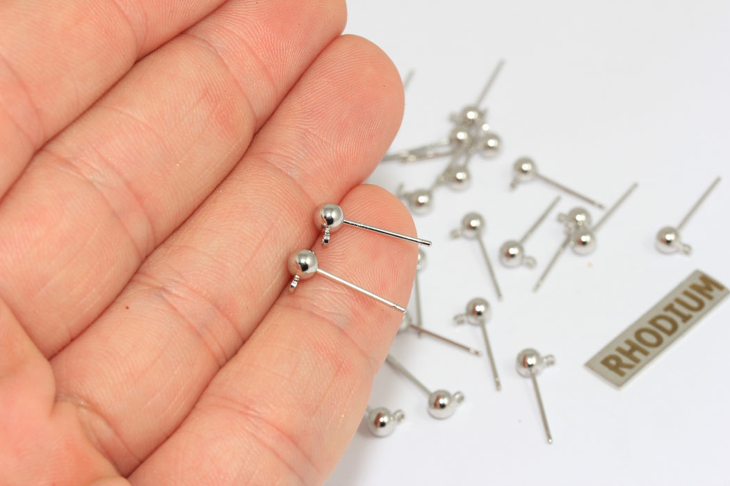 4x15mm Rhodium Plated Ball Ear Posts, Earring Post With, Stud Earrings, CMR85