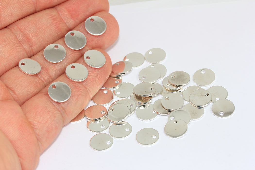 10 mm Gümüş Kaplama Yuvarlak Charms, Yuvarlak Disk, Pirinç Disk, ALS31