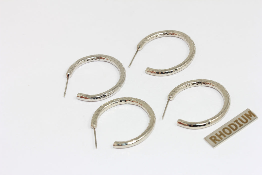 28mm Rhodium Plated Hoop Earrings, Hammered Hoops,  CMR73