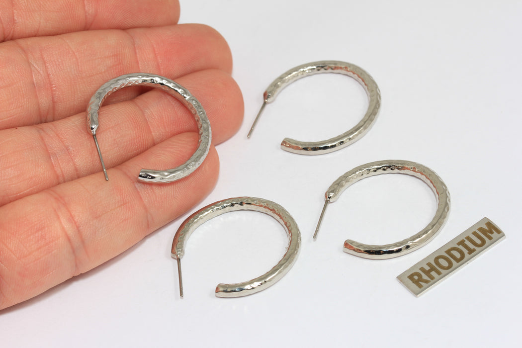 28mm Rhodium Plated Hoop Earrings, Hammered Hoops,  CMR73