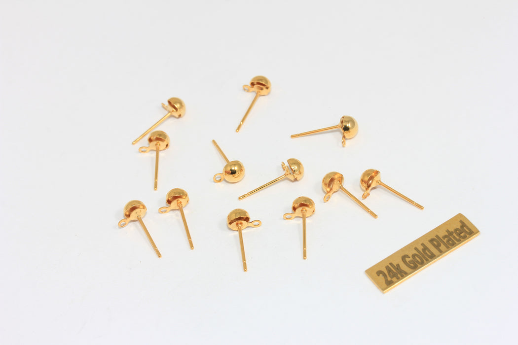 5x16mm Shiny Gold Earring Posts, Gold Ball Ear Pad, Gold , CMR33