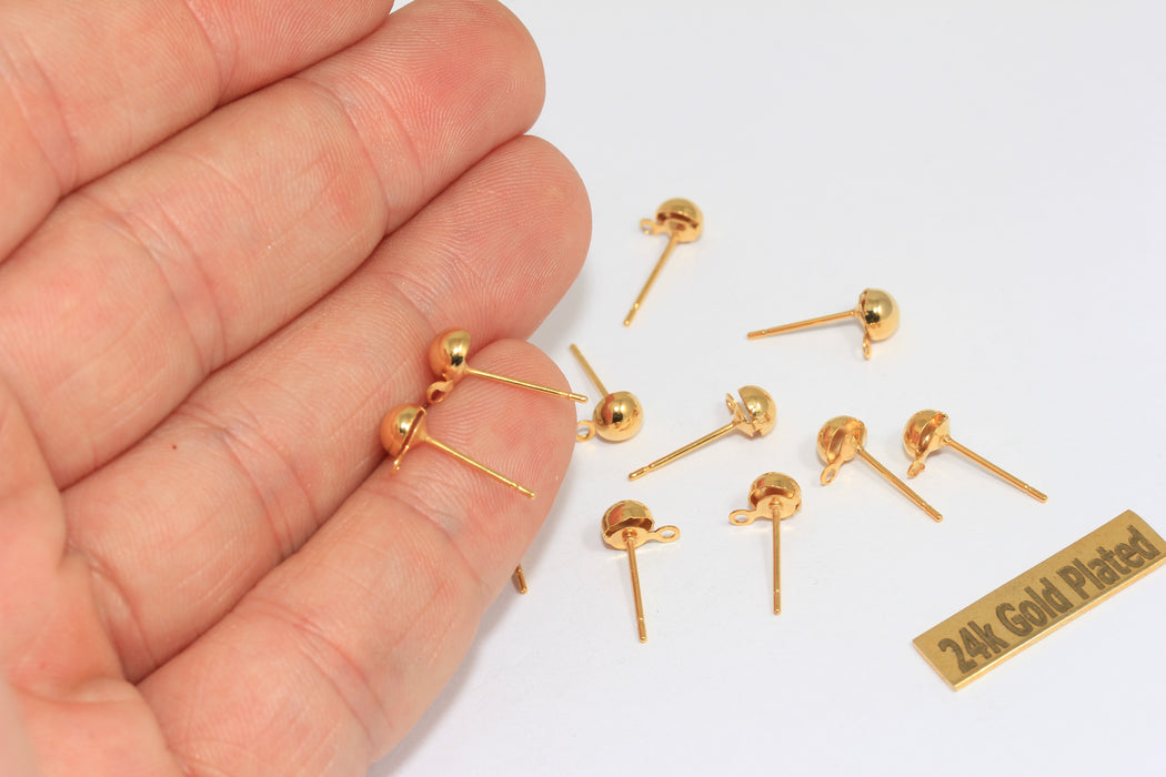 5x16mm Shiny Gold Earring Posts, Gold Ball Ear Pad, Gold , CMR33
