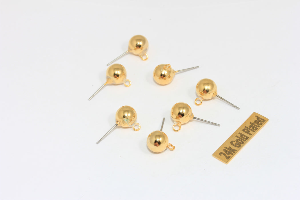 Perni per orecchini a sfera in oro lucido 24k da 8 mm, perni per orecchini in oro, orecchini a sfera, CMR21