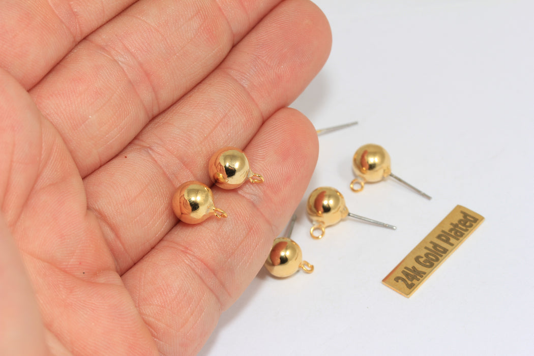 Perni per orecchini a sfera in oro lucido 24k da 8 mm, perni per orecchini in oro, orecchini a sfera, CMR21