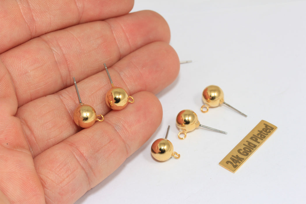 Perni per orecchini a sfera in oro lucido 24k da 8 mm, perni per orecchini in oro, orecchini a sfera, CMR21