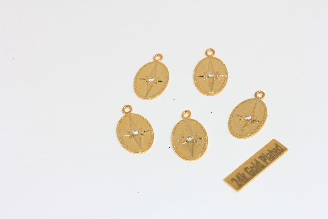 13x19mm 24k Shiny Gold CZ North Star Medallion, Gold Oval Medallion, XP75