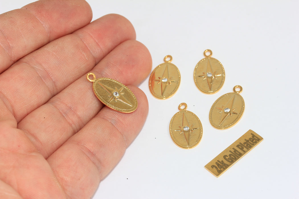 13x19mm 24k Shiny Gold CZ North Star Medallion, Gold Oval Medallion, XP75