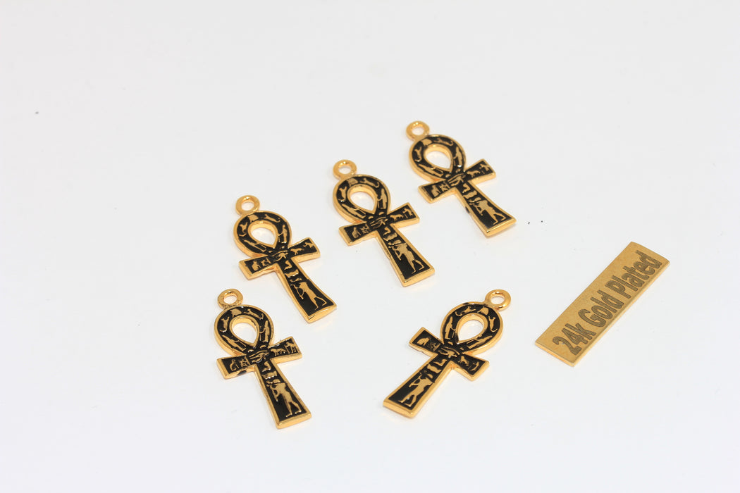 12x27mm 24k Shiny Gold Ankh Charms, Ankh, Necklace, Black Enamel Ankh,  XP1