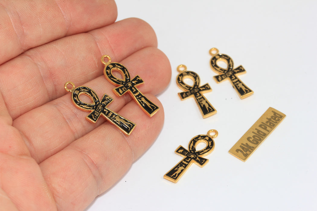 12x27mm 24k Shiny Gold Ankh Charms, Ankh, Necklace, Black Enamel Ankh,  XP1