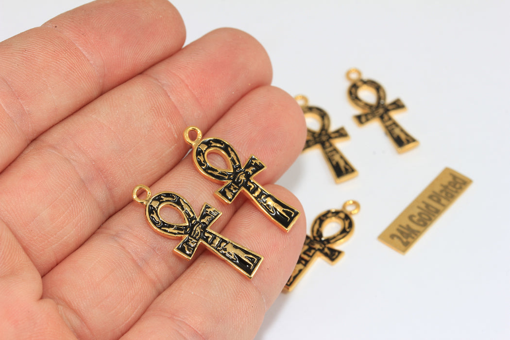 12x27mm 24k Shiny Gold Ankh Charms, Ankh, Necklace, Black Enamel Ankh,  XP1