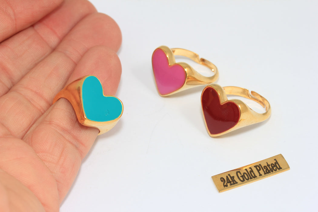 17-18mm 24k Shiny Gold Heart Rings, Optional Enamel Color Heart Ring, Adjustable Heart Shaped Rings, Women's Gold Rings, XP488