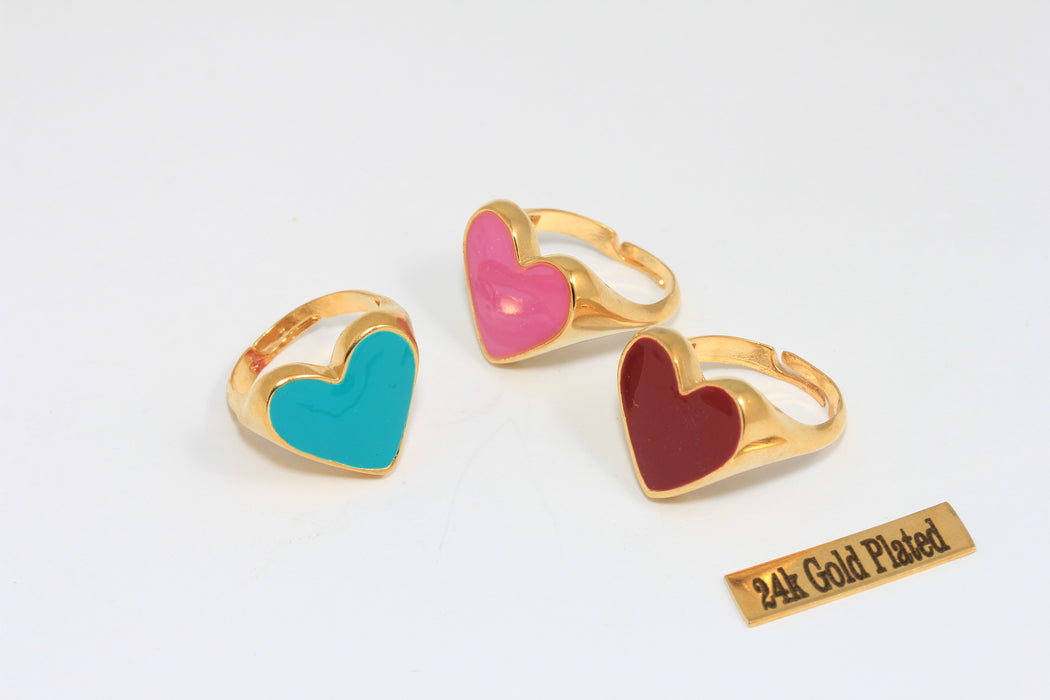17-18mm 24k Shiny Gold Heart Rings, Optional Enamel Color Heart Ring, Adjustable Heart Shaped Rings, Women's Gold Rings, XP488