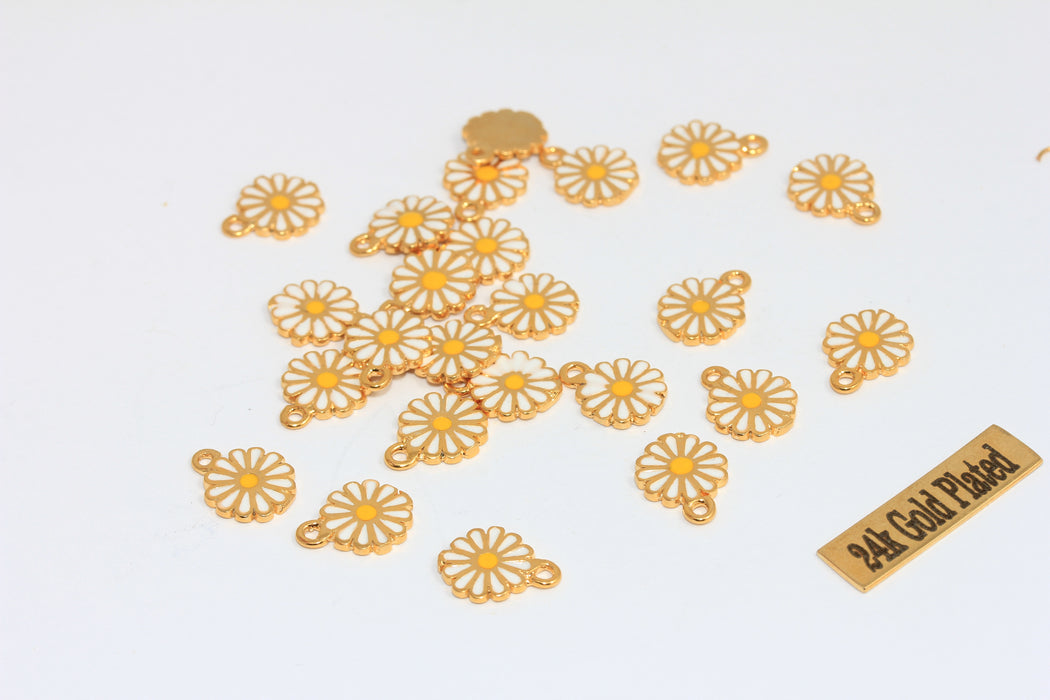 9,5mm 24k Shiny Gold Daisy Charm, White Enamel Flower Beads, XP489