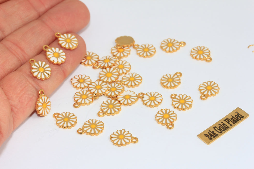 9,5mm 24k Shiny Gold Daisy Charm, White Enamel Flower Beads, XP489