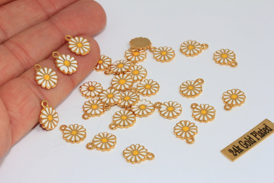 9,5mm 24k Shiny Gold Daisy Charm, White Enamel Flower Beads, XP489