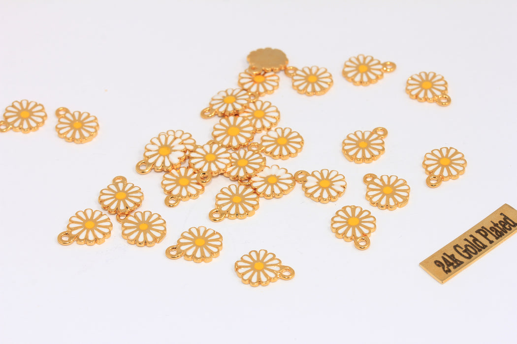 9,5mm 24k Shiny Gold Daisy Charm, White Enamel Flower Beads, XP489