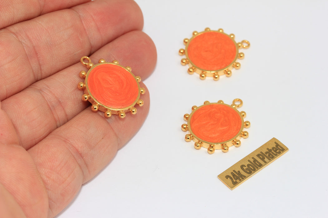 22mm 24k Shiny Gold Sun Pendant, Sun Necklace, Orange XP104