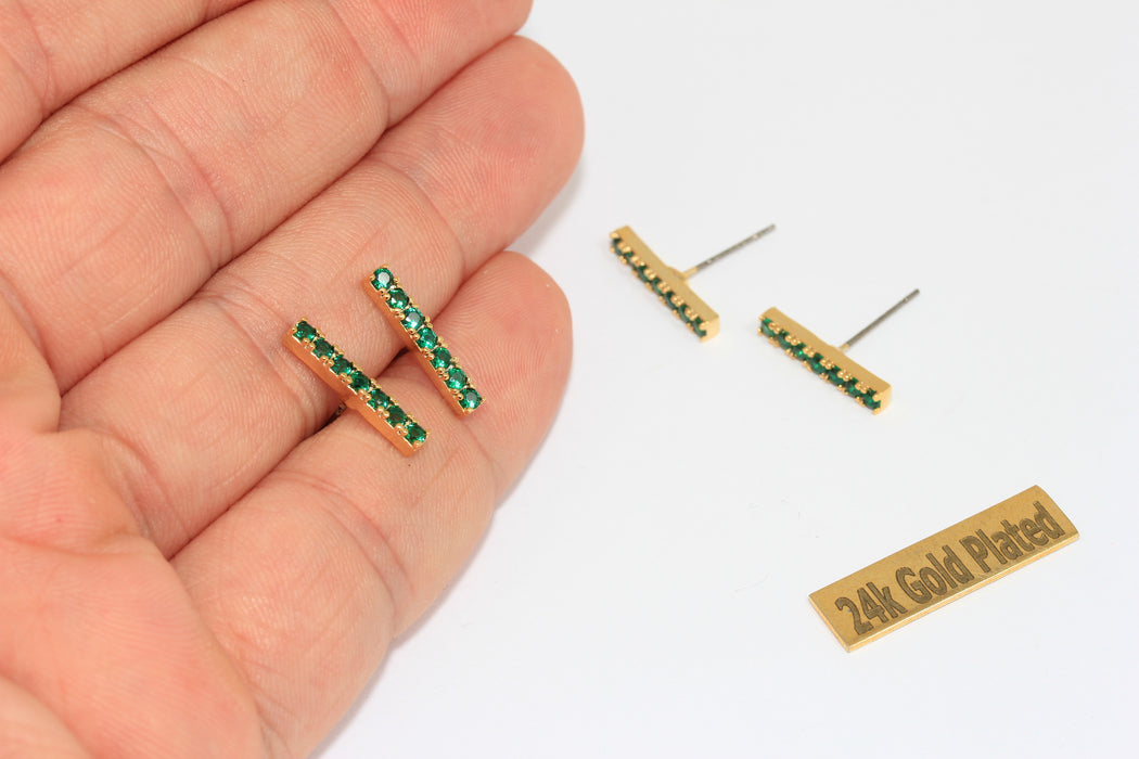 24k Shiny Gold Bar Earrings, Micro Pave Earrings, Green Stone Studs, XP148