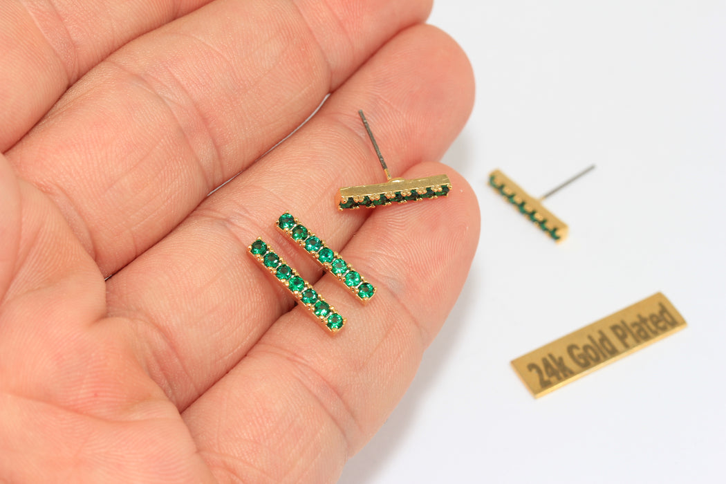 24k Shiny Gold Bar Earrings, Micro Pave Earrings, Green Stone Studs, XP148