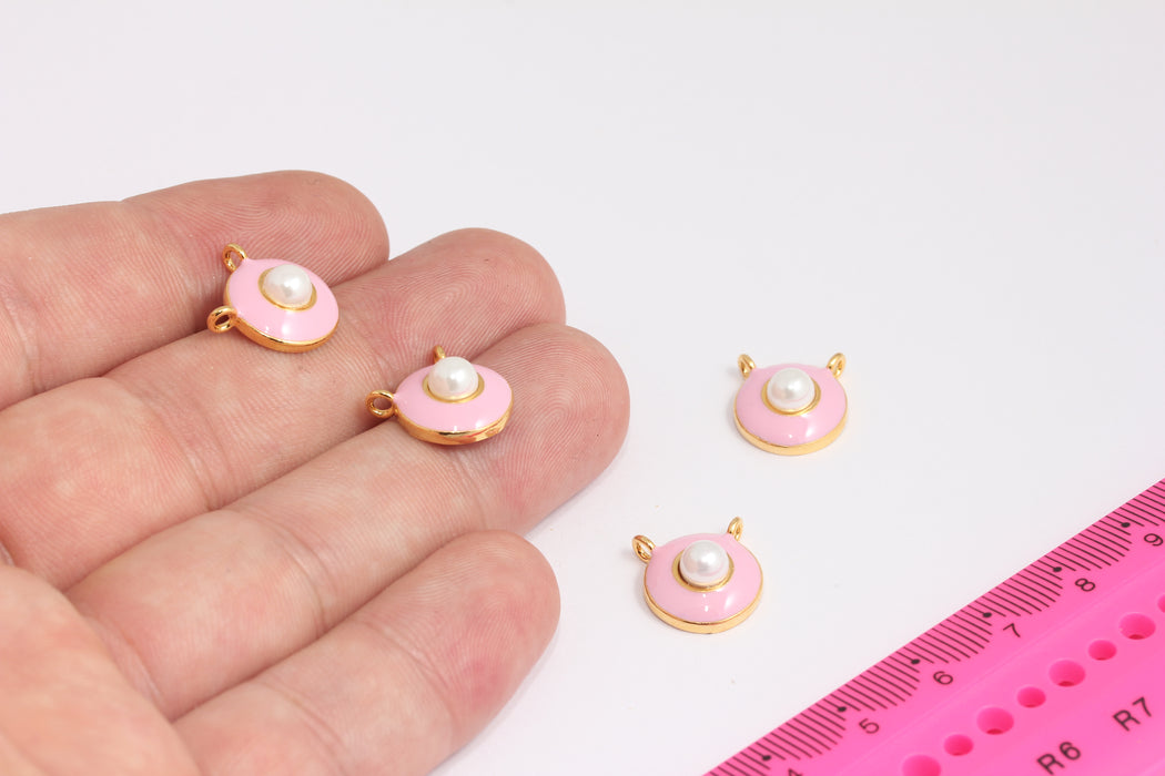 13x14 mm 24 ayar Parlak Altın İnci Kolye, İnci Gerdanlık, Pembe Emaye Yuvarlak Kolye, İnci Kolye Ucu, Zarif Kolye Ucu, ROSE93-3