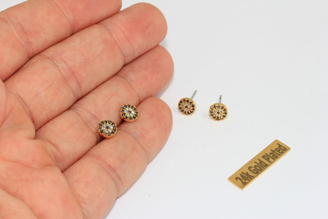 Orecchini a bottone in oro lucido 24k da 7 mm, con micro pavé di pietre nere e occhio diabolico, XP186