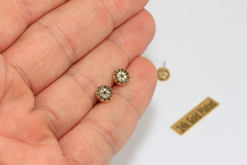 Orecchini a bottone in oro lucido 24k da 7 mm, con micro pavé di pietre nere e occhio diabolico, XP186