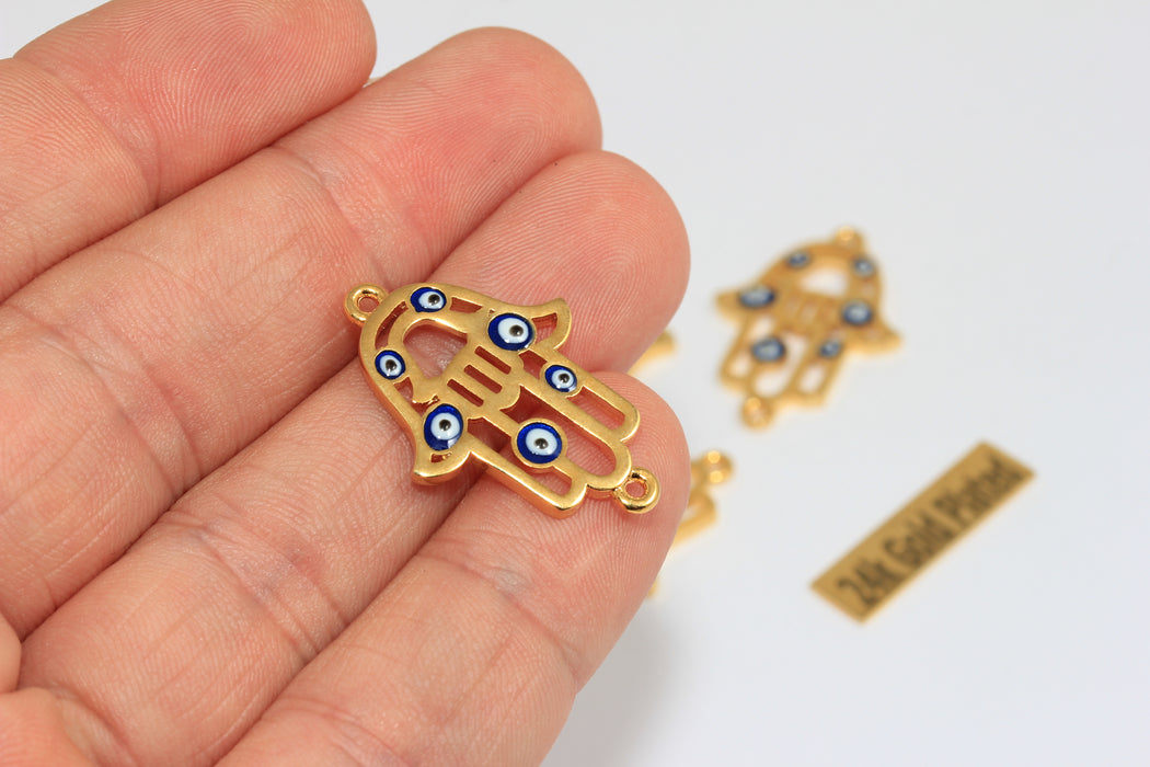 20x29mm 24 Shiny Gold Hamsa, Blue Evil Eye Hamsa, XP216
