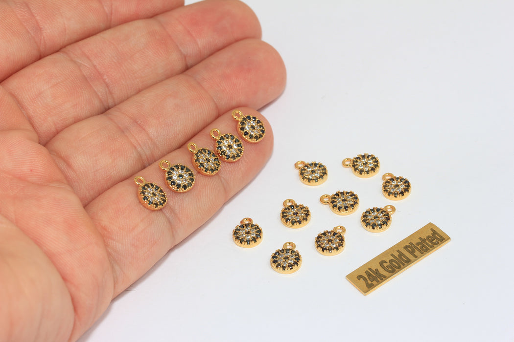 7x10mm 24 ayar Parlak Altın Nazar Boncuğu, Siyah Taşlı Mikro Döşeme Nazar Boncuğu Damlası, XP245