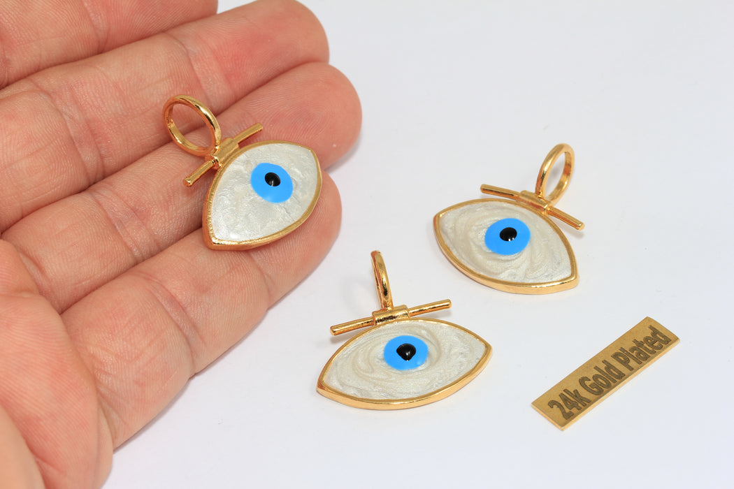 27x28mm 24k Shiny Gold Medallion, White Enamel Evil Eye Pendant, XP34