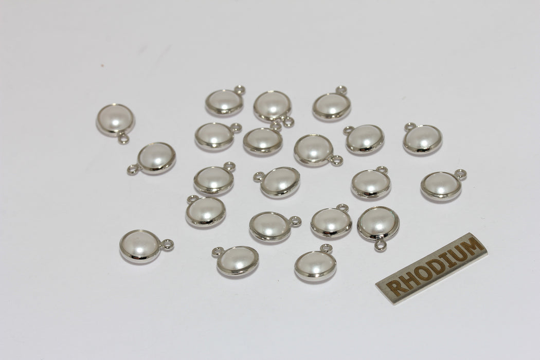 9x12mm Rhodium Plated Pearl Charm, Natural White Round  XP114
