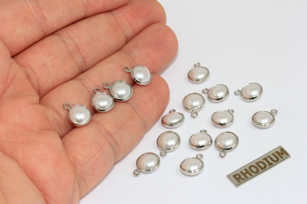 9x12mm Rhodium Plated Pearl Charm, Natural White Round  XP114
