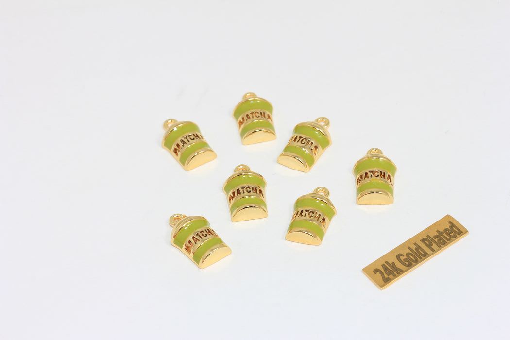 10x14mm 24k Shiny Gold Matcha Tea Drink Pendant, Green Enamel Matcha Cup Charm, ZRCN884