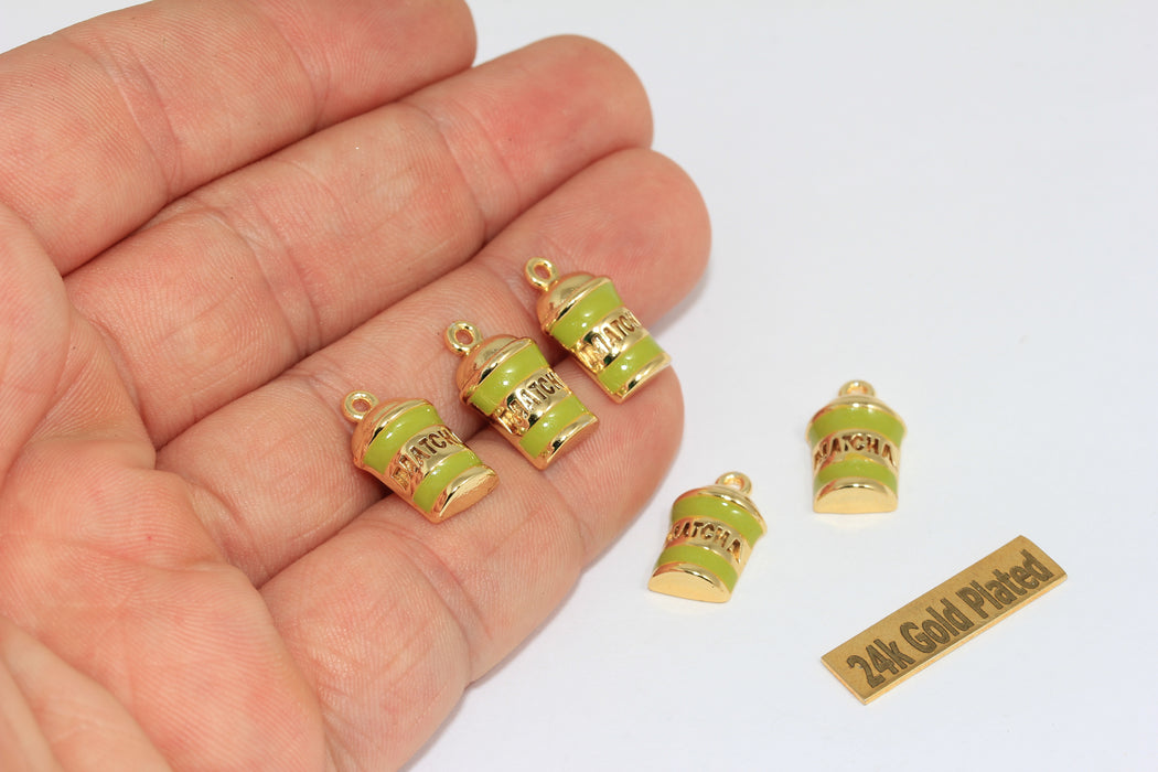 10x14mm 24k Shiny Gold Matcha Tea Drink Pendant, Green Enamel Matcha Cup Charm, ZRCN884