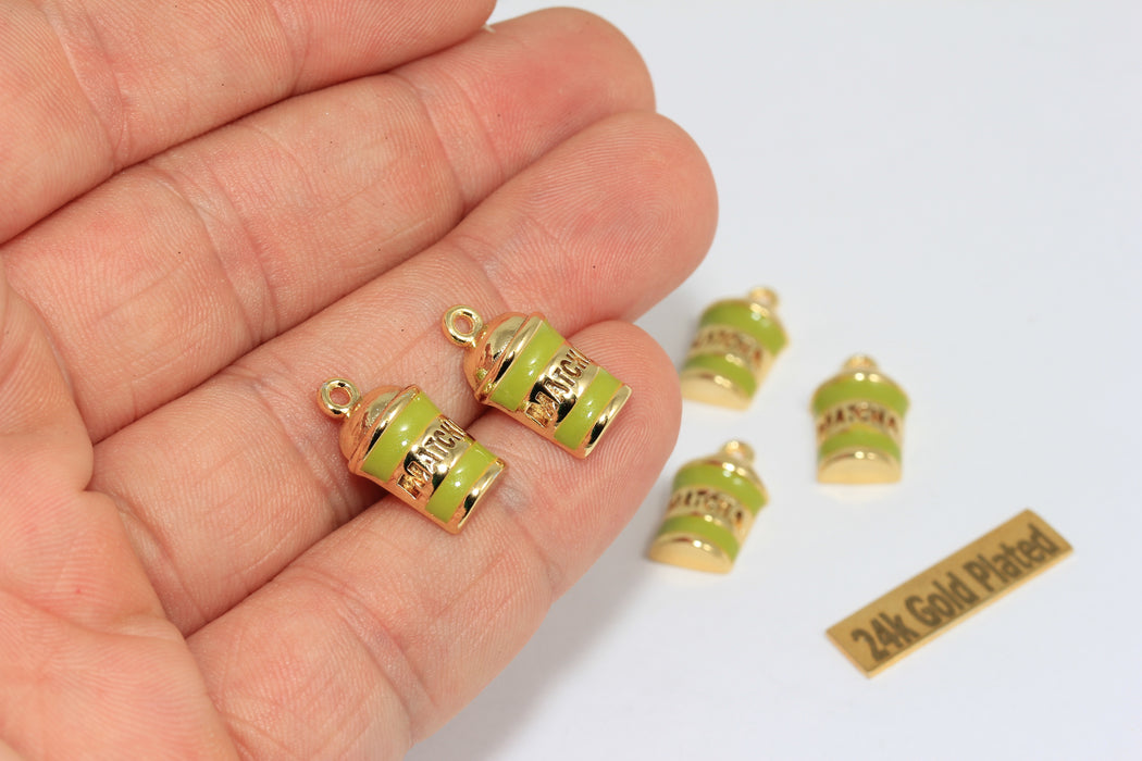 10x14mm 24k Shiny Gold Matcha Tea Drink Pendant, Green Enamel Matcha Cup Charm, ZRCN884