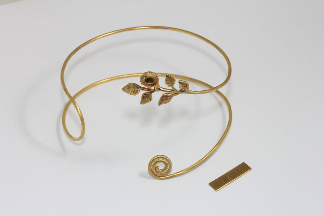 Raw Brass Floral Leaf Arm Cuff, Bohemian Upper Arm Bracelet With Bead Settings, TFO-1