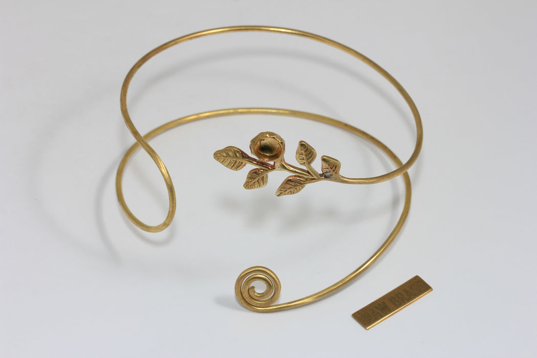 Raw Brass Floral Leaf Arm Cuff, Bohemian Upper Arm Bracelet With Bead Settings, TFO-1