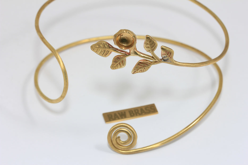 Raw Brass Floral Leaf Arm Cuff, Bohemian Upper Arm Bracelet With Bead Settings, TFO-1