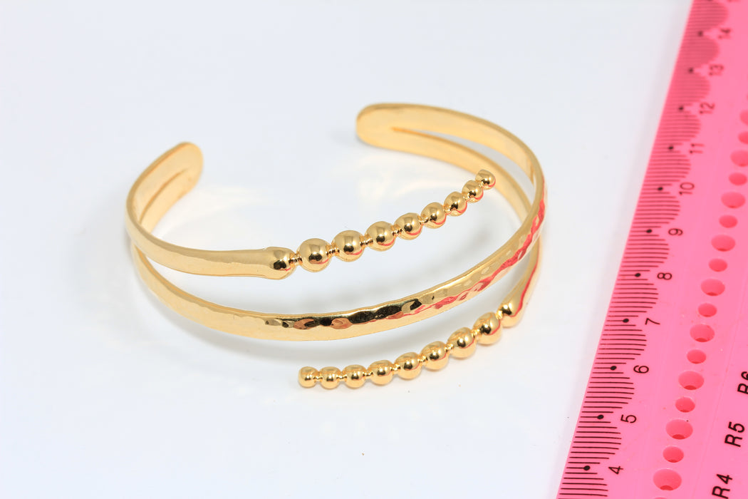24k Shiny Gold Triple Wire Bracelet Bangle, Ball Bracelets, Hammered Cuff, AG87-1