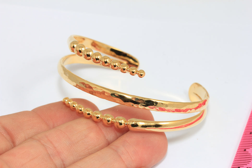 24k Shiny Gold Triple Wire Bracelet Bangle, Ball Bracelets, Hammered Cuff, AG87-1