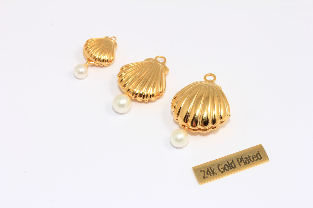 24k Shiny Gold Sea Shell Charms With Pearl, 3 Sizes Seashell Pendant, Summer Charms, Beach Jewelry Pendant, Gold Plated Charms,