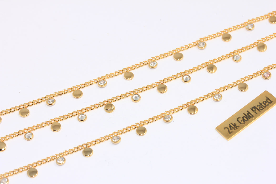 1,8 mm 24 ayar Parlak Altın Kristal Zincirler, Beyaz Kristal Taş Zincir, Tespih Tarzı Zincirler, Madeni Boncuklu Zincir, BXB162-8