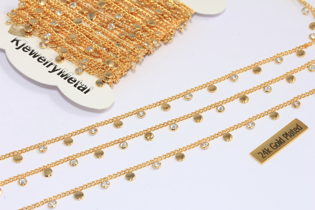 1,8 mm 24 ayar Parlak Altın Kristal Zincirler, Beyaz Kristal Taş Zincir, Tespih Tarzı Zincirler, Madeni Boncuklu Zincir, BXB162-8
