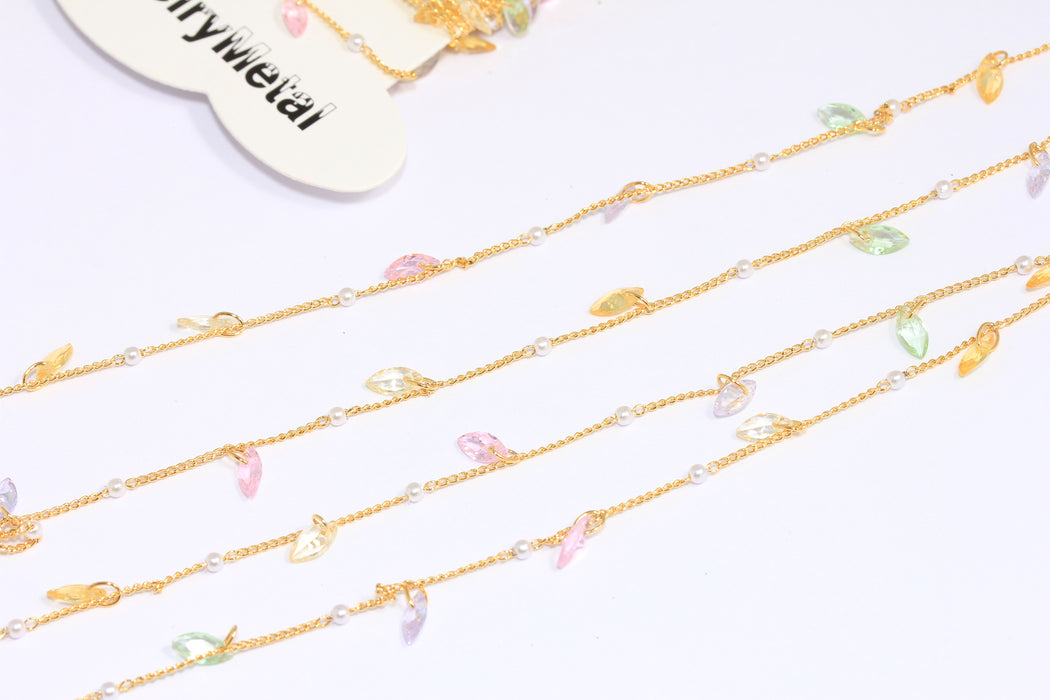 0,9mm 24k Shiny Gold Pearl Chain, Gold Beaded Chains With Crystal Leaf Charms, Curb Chain With Pearl Beads, BXB225-8