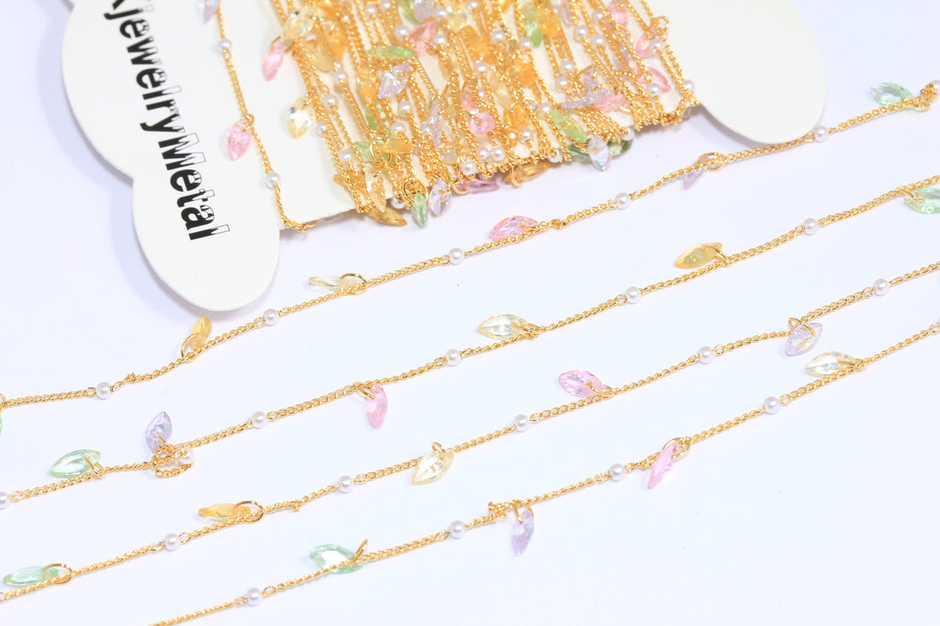 0,9mm 24k Shiny Gold Pearl Chain, Gold Beaded Chains With Crystal Leaf Charms, Curb Chain With Pearl Beads, BXB225-8